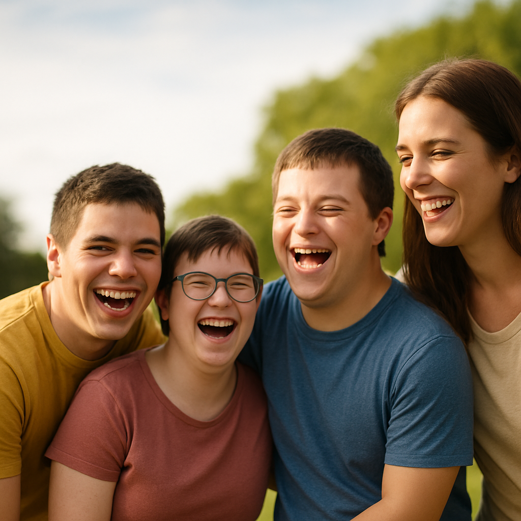 Joyful young adults laughing together with a support worker outdoors